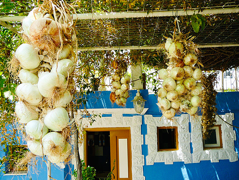 Decorative onions outside Dimitris O Karaflas Taverna in Spilia.