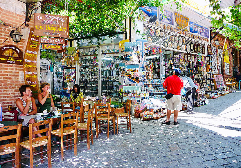 Souvenirs, cafes and tavernas in Agiasos in Lesvos.