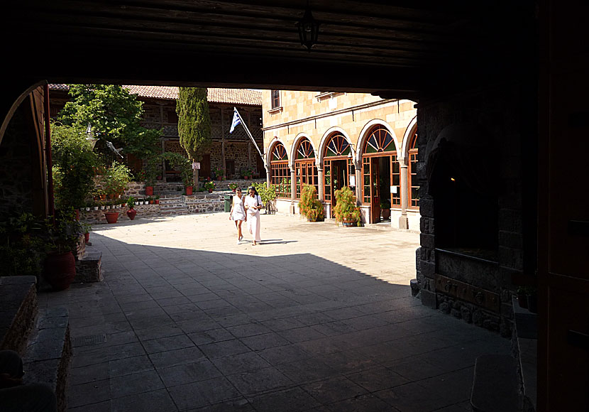 The courtyard of Taxiarchis Monastery in Lesvos.