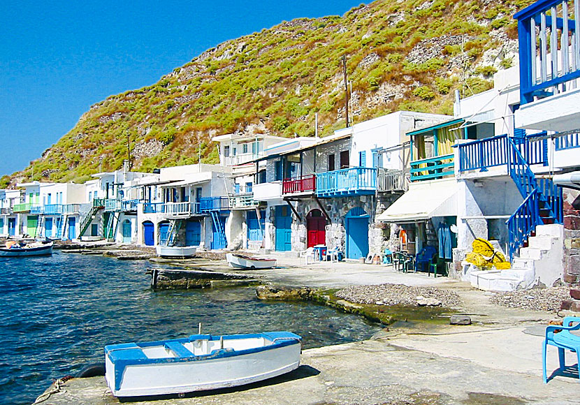 The colorful boathouses in Klima on Milos are called syrmata in Greek.