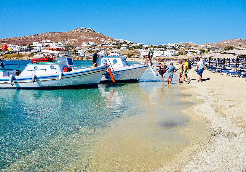 Beach boats to Paraga, Paradise, Super Paradise, Elia and Agrari beaches depart from Ornos beach and Platis Gialos beach.