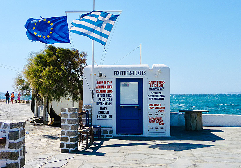 Buy a ticket for an excursion boat and guided tour on Mykonos' neighboring island of Delos.