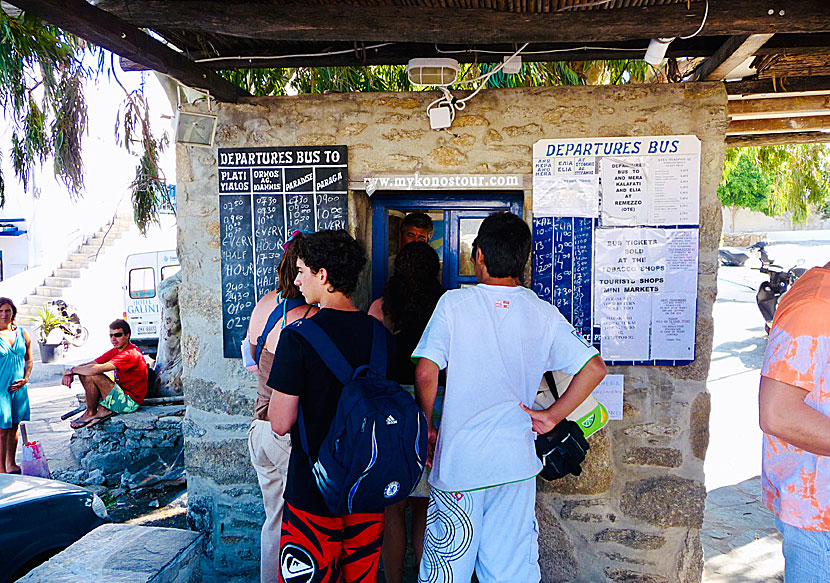 Bus stops and bus timetables in Chora on Mykonos.