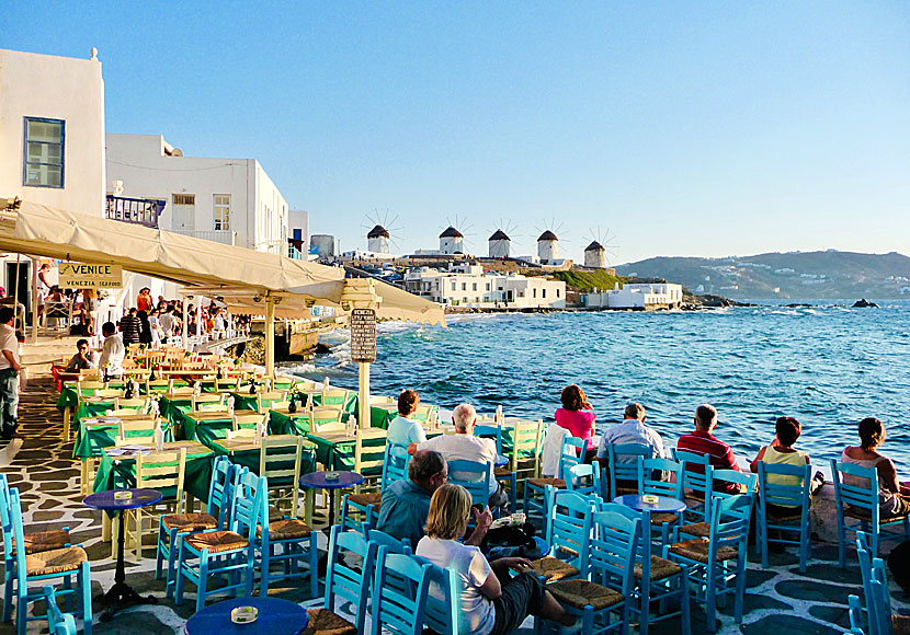 Little Venice and the windmills in Mykonos Town.