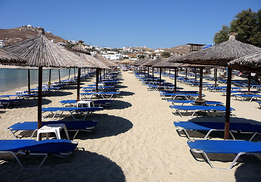 Sun beds in Ornos beach in Mykonos.