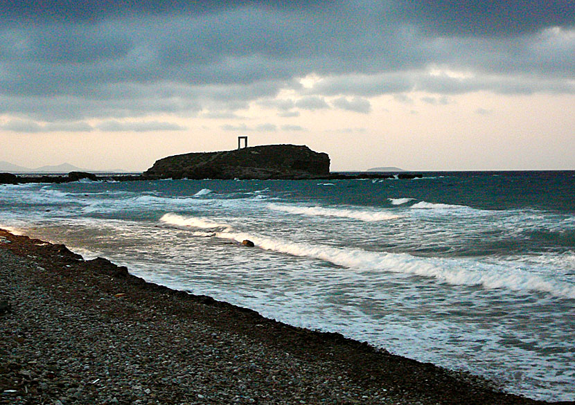 Grotta beach and the Portara in Naxos town.