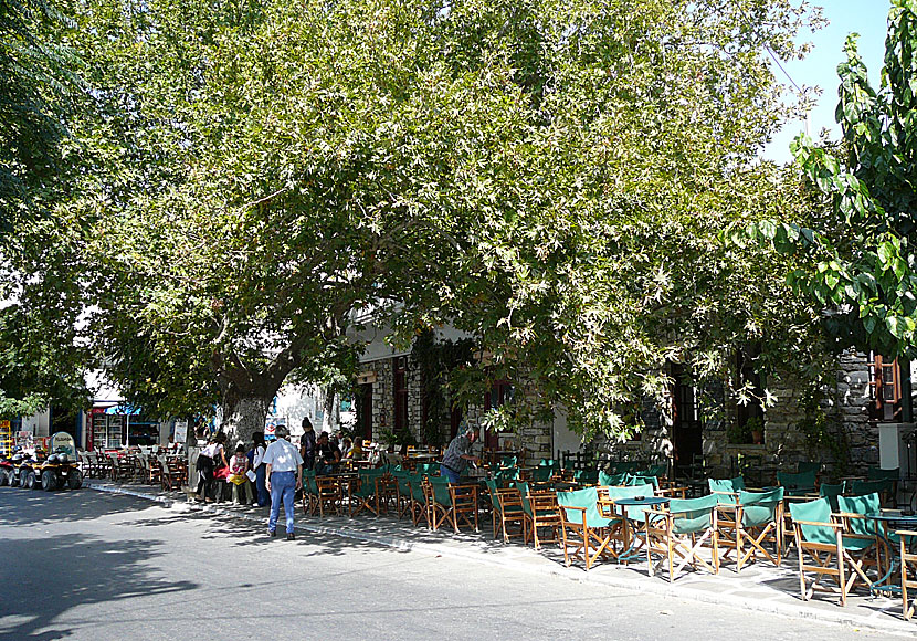 Mmain square and tavernas in Filoti. Naxos.
