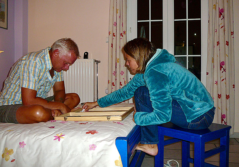 Playing backgammon and tavli on Naxos in Greece.