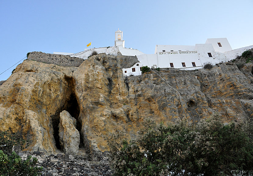 The monastery of Panagia Spiliani in Mandraki seen from Hohlaki beach on Nisyros.