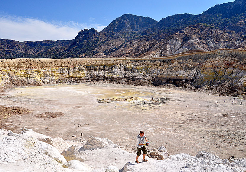 The crater Stefanos in the volcano of Nisyros with a view of the villages of Nikia and Emborio.