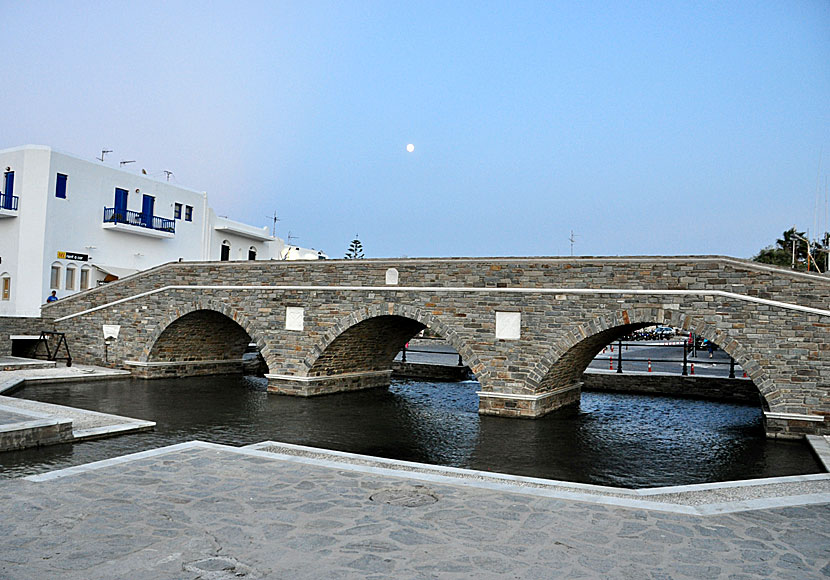 The beautiful stone bridge in Naoussa on northern Paros in Greece.