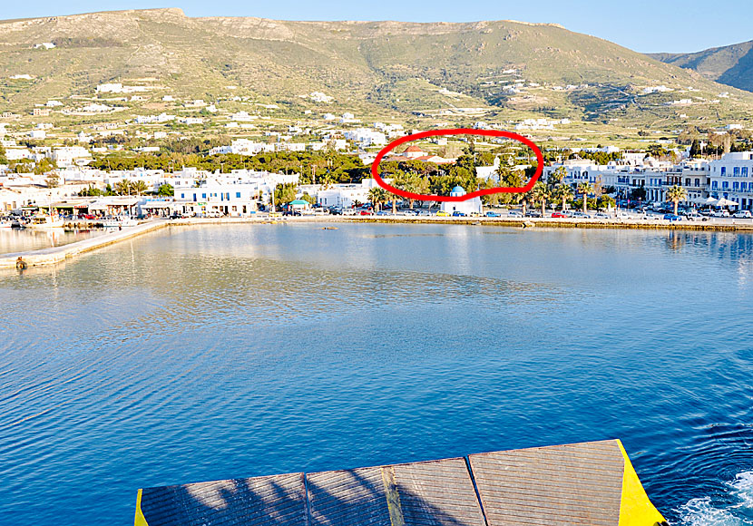 From a ferry in the port of Parikia on Paros, you can see some of the island's beautiful churches.