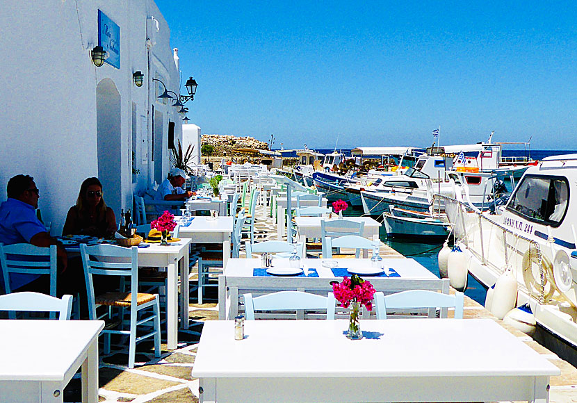 The restaurants located in Naoussa's fishing harbor serve fresh fish and seafood.