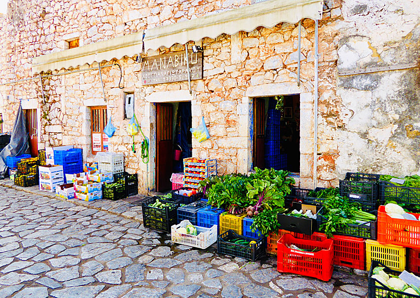 Fruit and vegetable shop on the main street of the village of Areopoli.