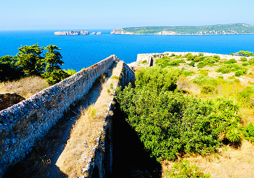 Fanari island and Sfaktiria island seen from Niokastro in Pylos in the Peloponnese.