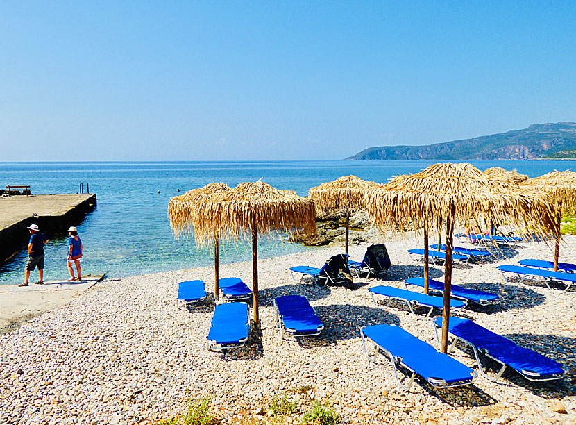 The bathing jetty with bathing ladders at Kardamili beach.