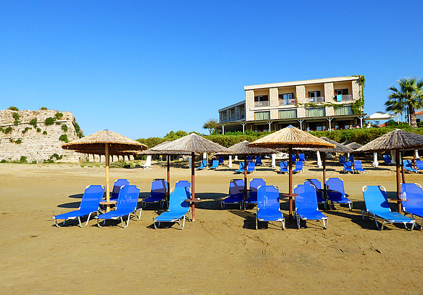 There are several beachfront hotels and pensions near the beach and fortress of Methoni in the Peloponnese.