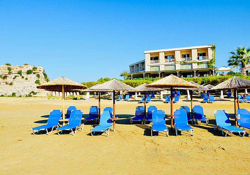 There are several beachfront hotels and pensions near the beach and fortress of Methoni in the Peloponnese.