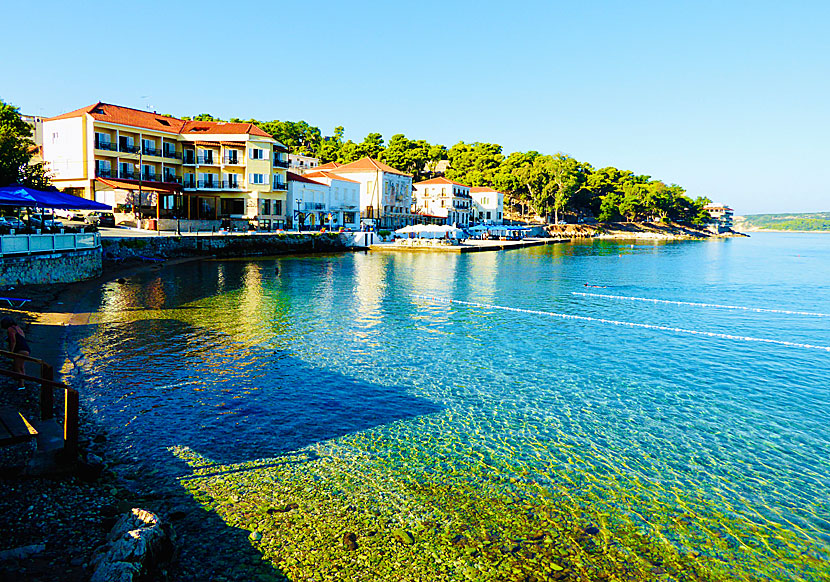 Above the beach in Pylos are several restaurants, bars and hotels.