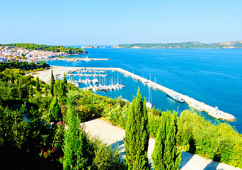 Many sailboats are anchored in Pylos Marina.