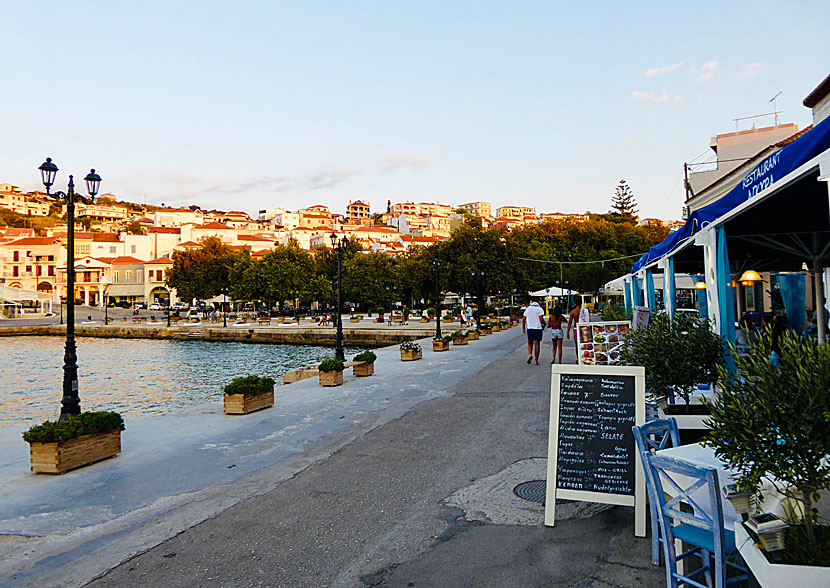 Restaurants and tavernas along the harbor promenade in Pylos.