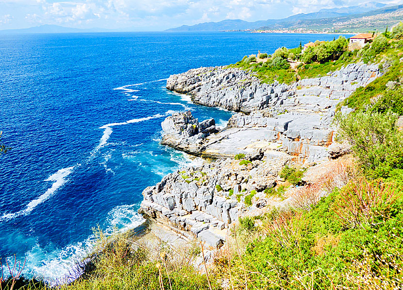 Spectacular rock formations and a lagoon (rock pool) along the road to the village of Trachila in southwestern Peloponnese.