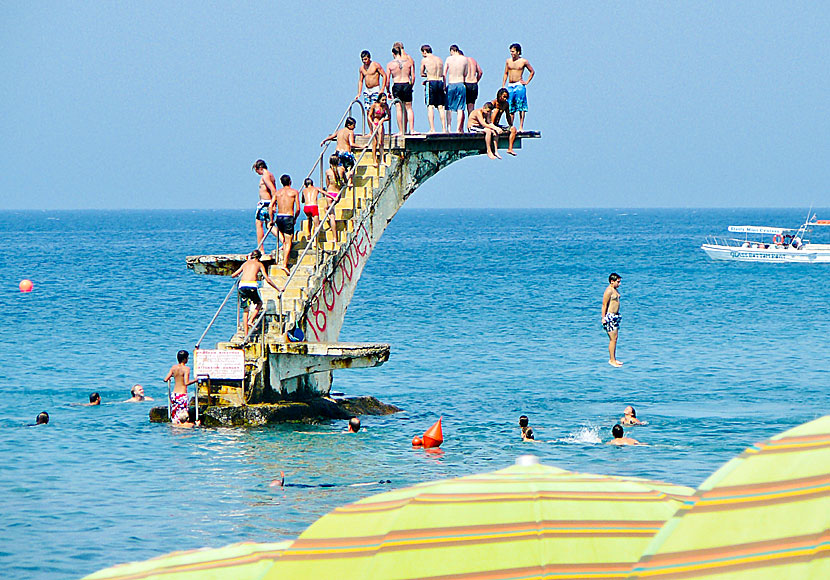 The popular jumping tower at Elli beach on Rhodes.