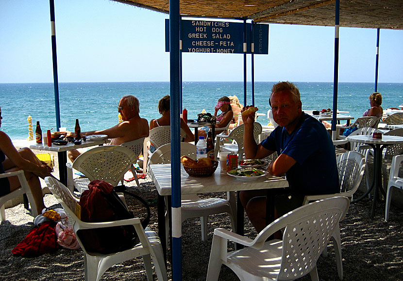 The taverna at Fourni beach on Rhodes offers simple and very good Greek food.