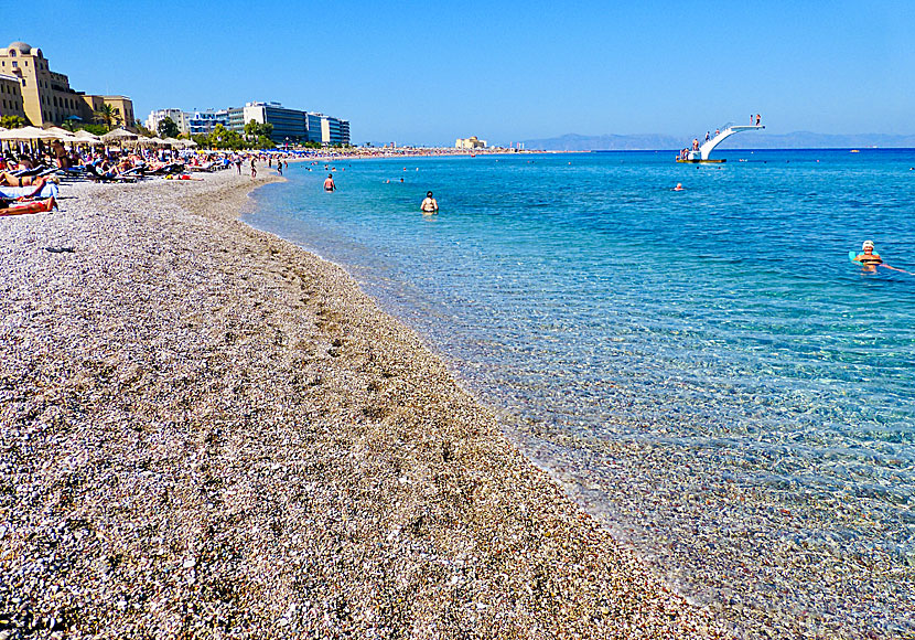 Elli beach, the casino and the jumping tower in Rhodes town.