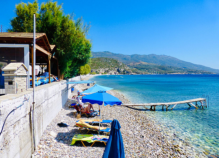 The beach and restaurants in Balos on Samos in Greece.