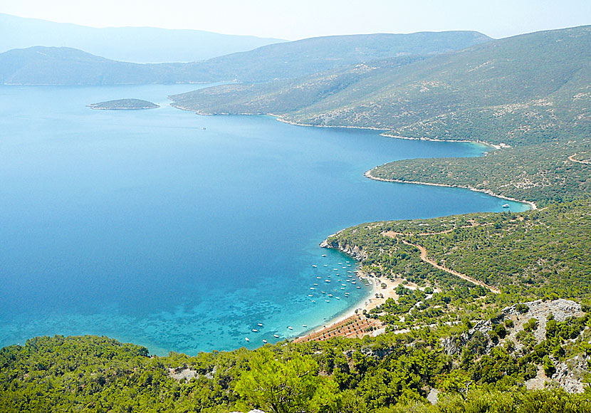 View of Mourtia beach from the monastery of Zoodohou Pigis on Samos.