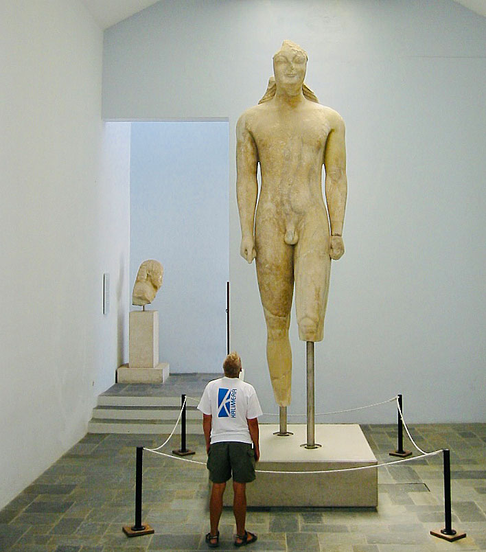 The more than five meter high unique Kouros statue in the Archaeological Museum in Samos Town in Greece.