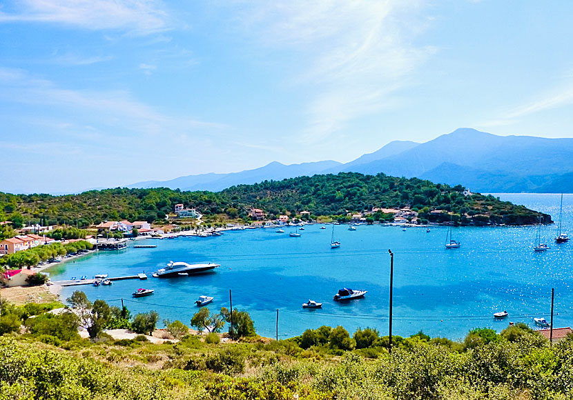 The cosy village of Posidonio on east Samos in Greece. The high mountains in the background belong to Turkey.