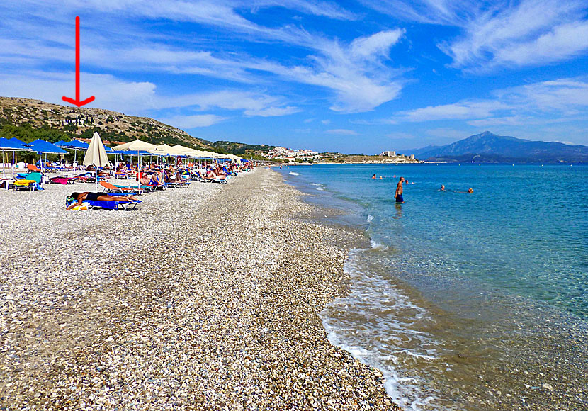 Panagia Spiliani Monastery is well visible from Potokaki beach.