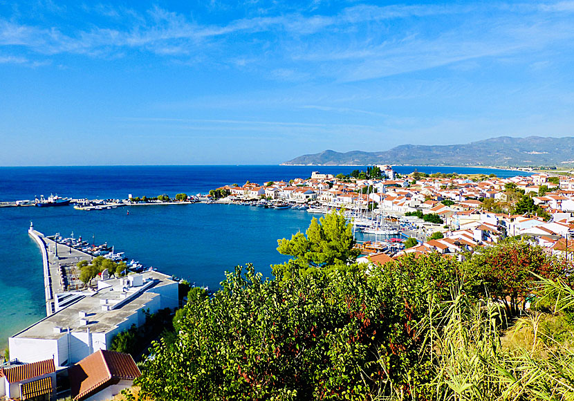 Pythagorion on Samos. The breakwater where the mathematician Pythagoras stands statue.