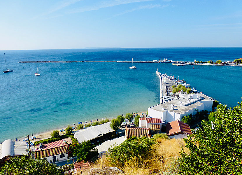 The Pythagorion breakwater is located to the right of Remataki beach.