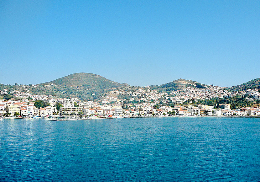 View of Samos town and the old districts of Vathy and Ano Vathy.
