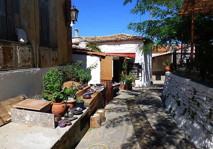 Arts and crafts shops along the main street that runs through the village of Manolates.