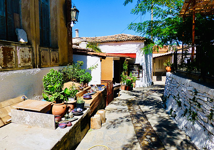 Arts and crafts shops along the main street that runs through the village of Manolates.