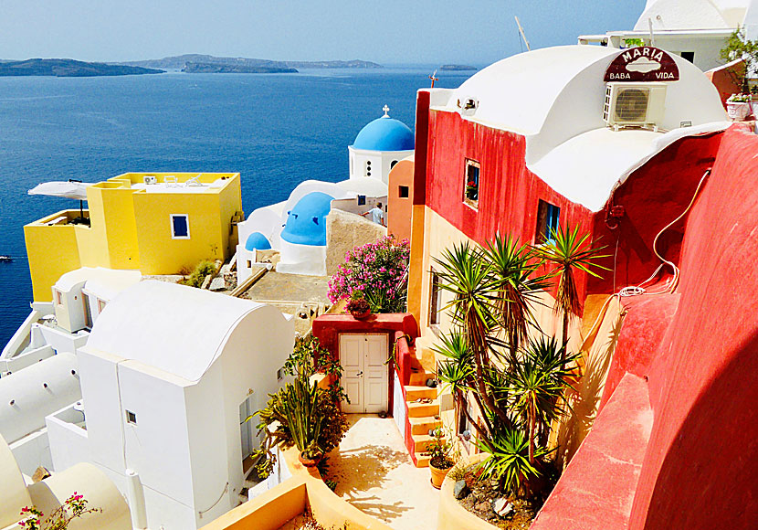 The famous church and some of the pastel colored houses in Oia on Santorini.