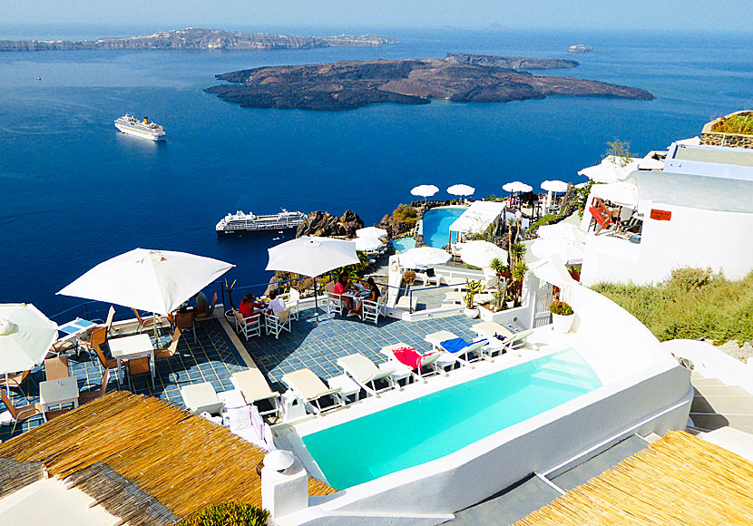 View of the caldera and volcanoes from Imerovigli on Santorini.