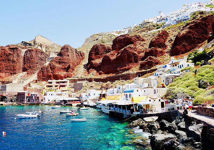 The port of Amoudia and the village of Oia in Santorini.