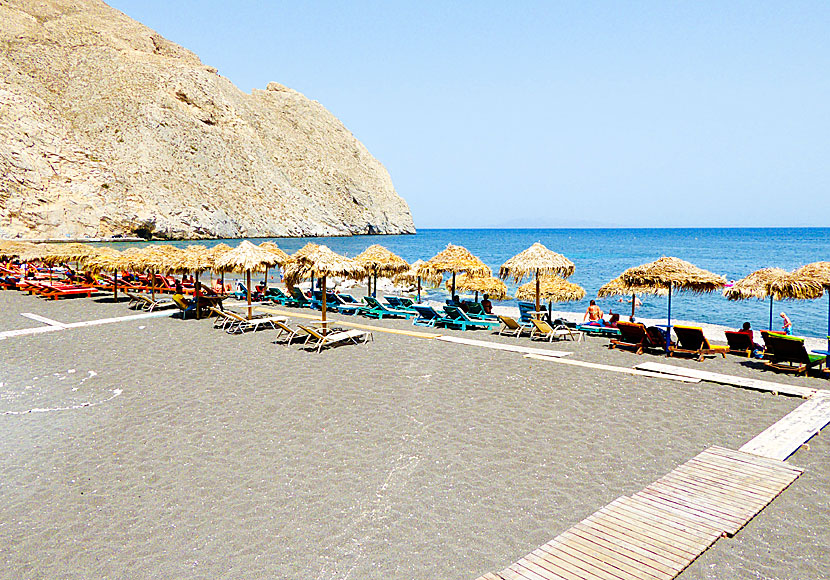 Perissa beach on Santorini in Greece.