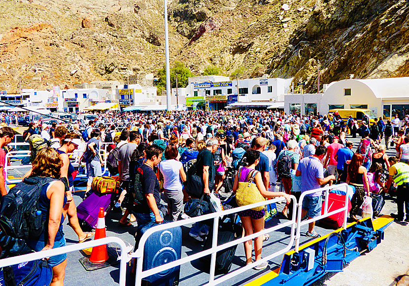 The port Athinios in Santorini during high season.