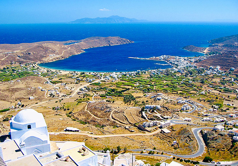 View from Chora on Serifos over Livadi beach, Livadi village and Livadaki beach.