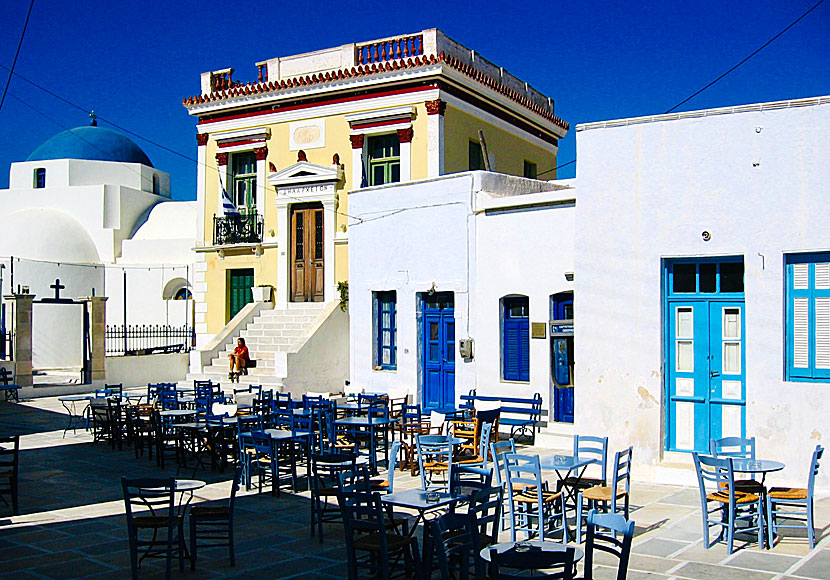 Tavernas at the square in Chora. Serifos.