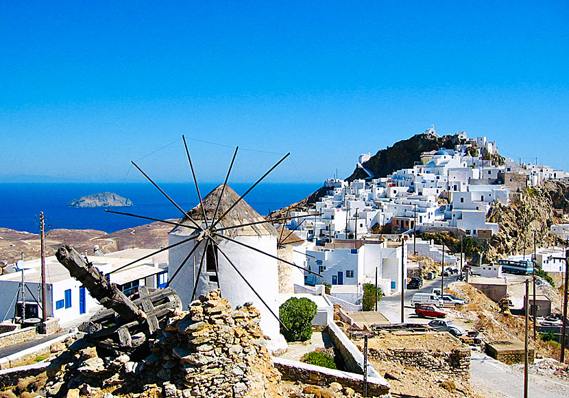 Windmills above Chora on Serifos in Greece.