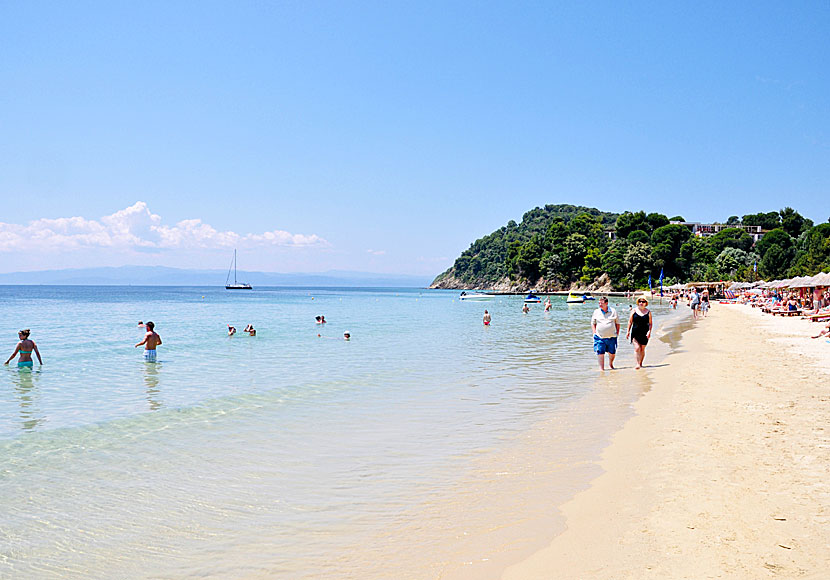 The soft fine light yellow sand at Koukounaries beach.