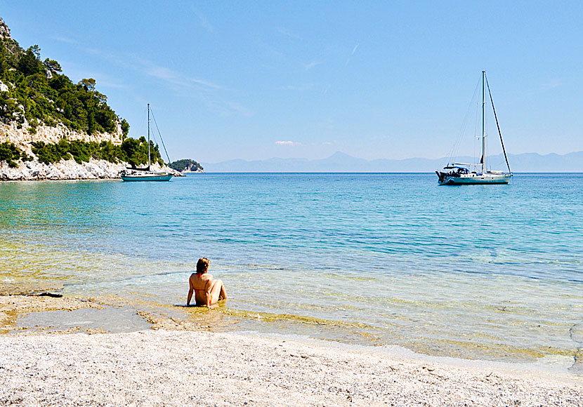 Swimming from sailboats at Limnonari beach on Skopelos.