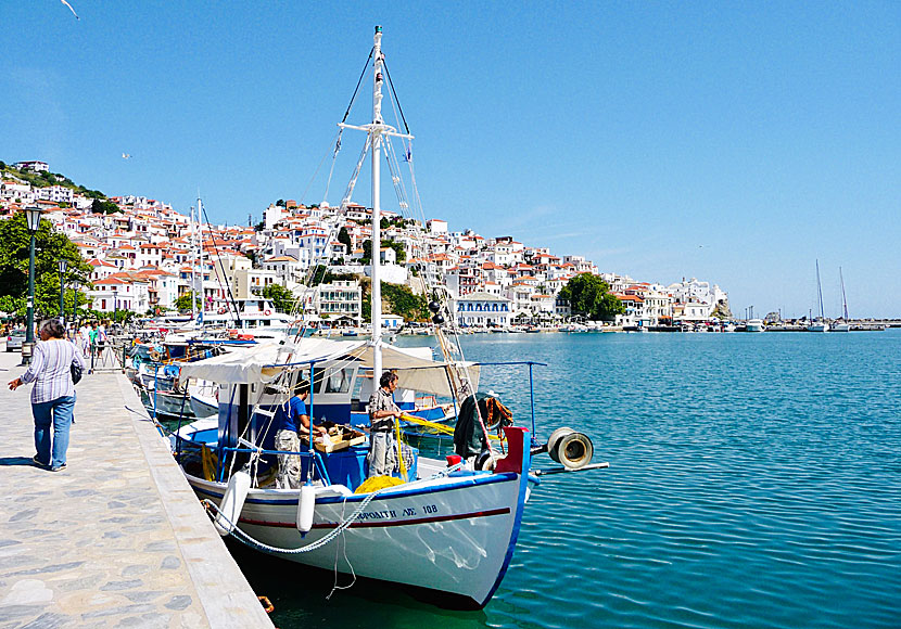 Excursion boats with Mamma Mia as a theme depart from the port promenade in Skopelos town.